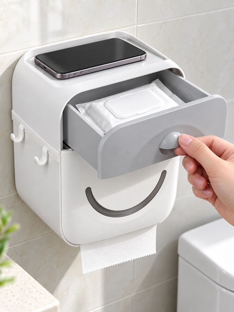 DISPENSADOR PORTA CONFORT PAPEL HIGIENICO DE PARED CON CAJON Y SOPORTE CELULAR GRIS - 4