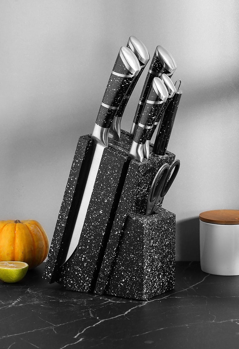 SET CUCHILLOS DE COCINA 8 PIEZAS BASE MADERA MARMOLEADO - 1