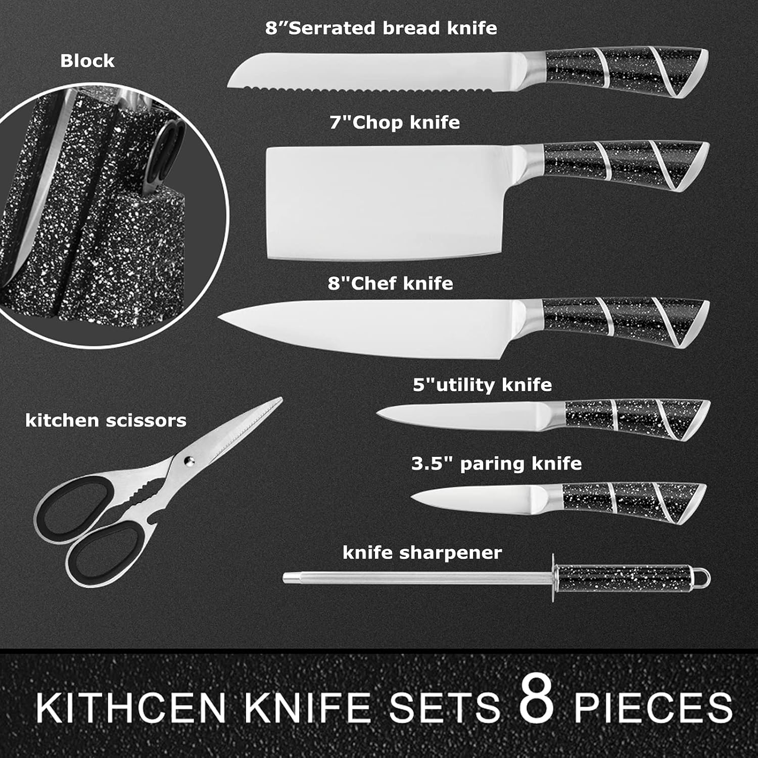 SET CUCHILLOS DE COCINA 8 PIEZAS BASE MADERA MARMOLEADO - 3