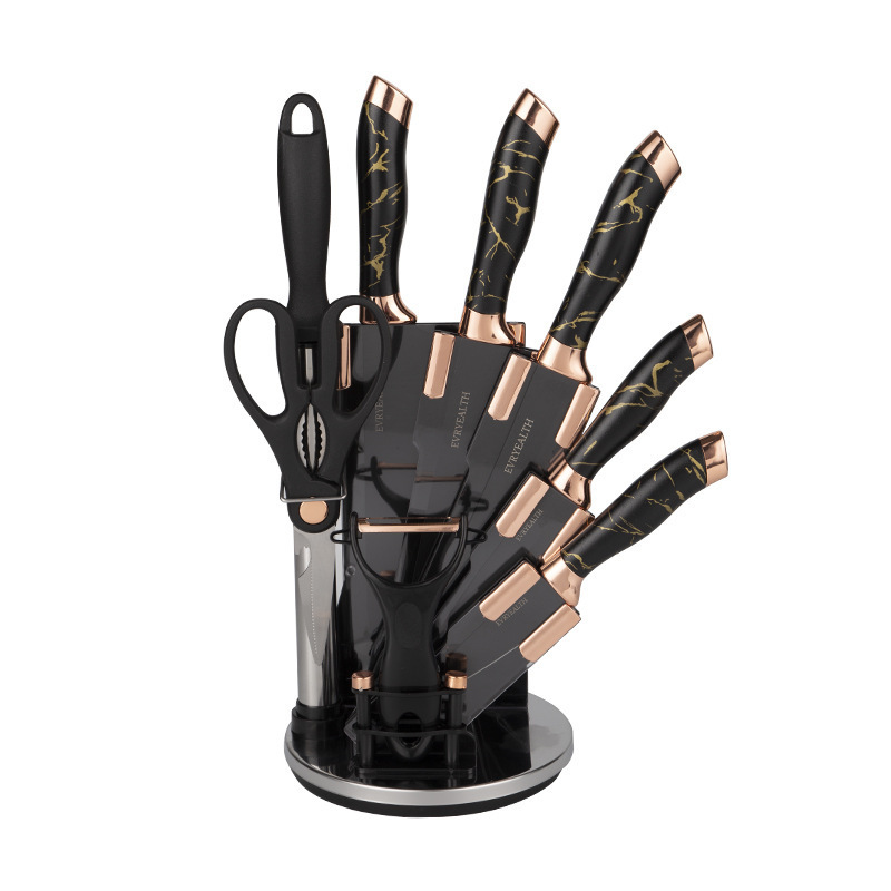 SET CUCHILLOS DE COCINA 9 PIEZAS CON BASE GIRATORIA MARMOLEADO - 1