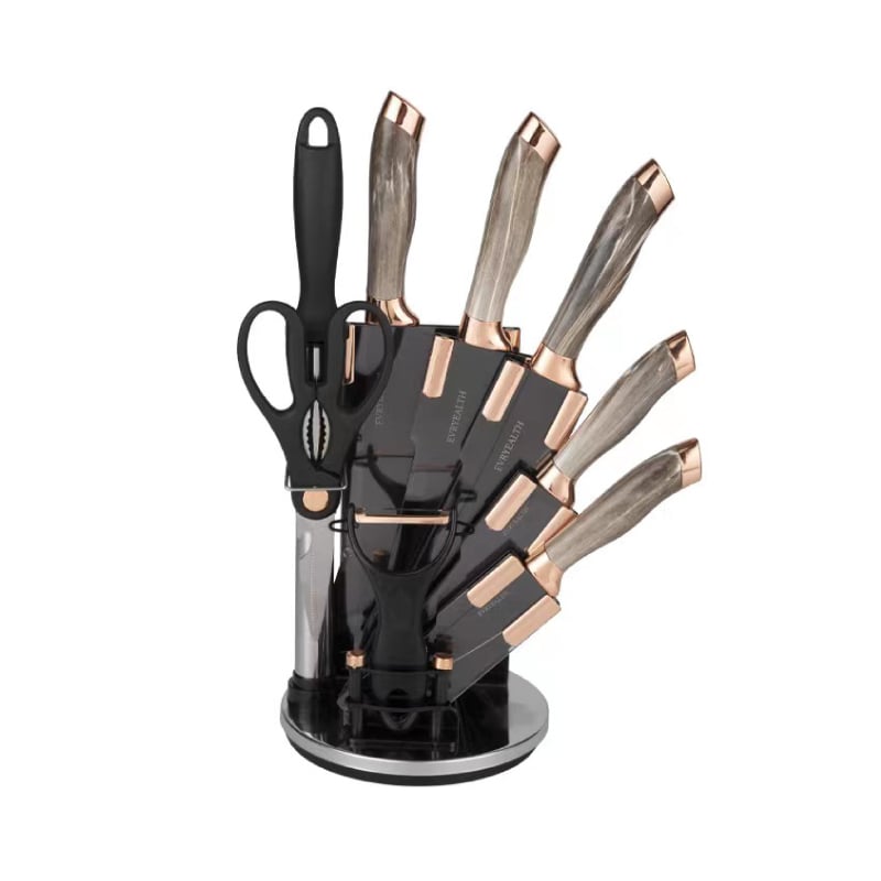 SET CUCHILLOS DE COCINA 9 PIEZAS CON BASE GIRATORIA MARMOLEADO - 1