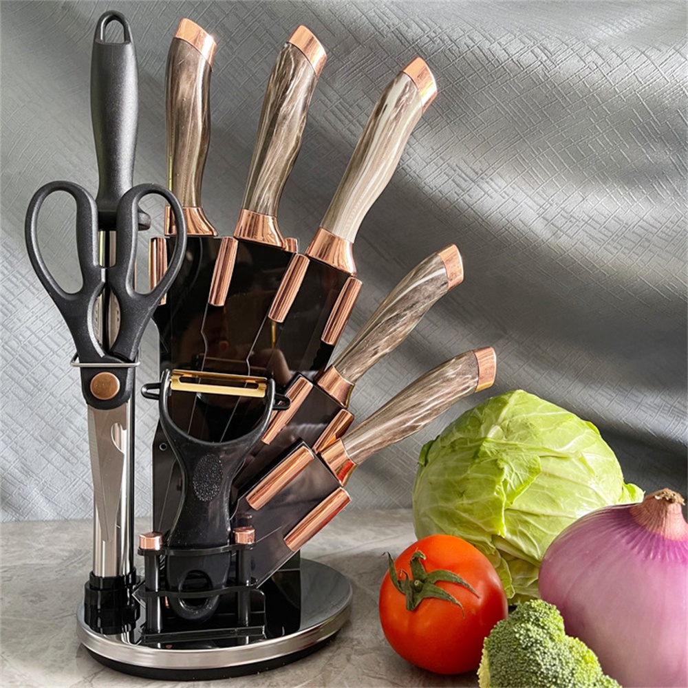 SET CUCHILLOS DE COCINA 9 PIEZAS CON BASE GIRATORIA MARMOLEADO - 2