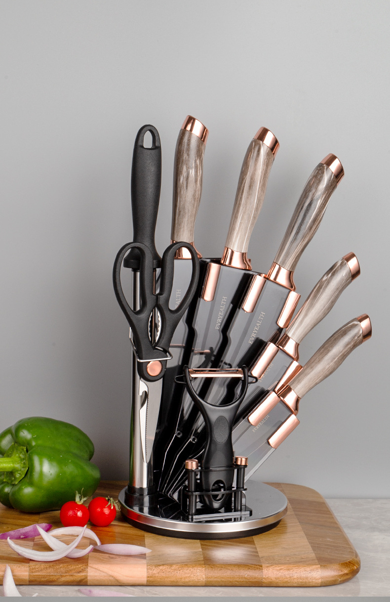 SET CUCHILLOS DE COCINA 9 PIEZAS CON BASE GIRATORIA MARMOLEADO - 3