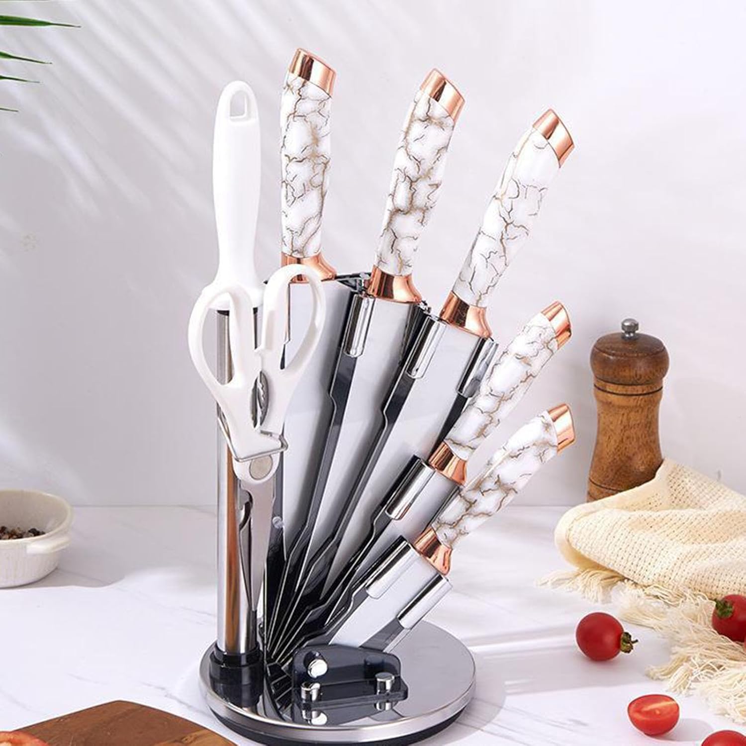 SET CUCHILLOS DE COCINA 8 PIEZAS CON BASE GIRATORIA MARMOLEADO - 1