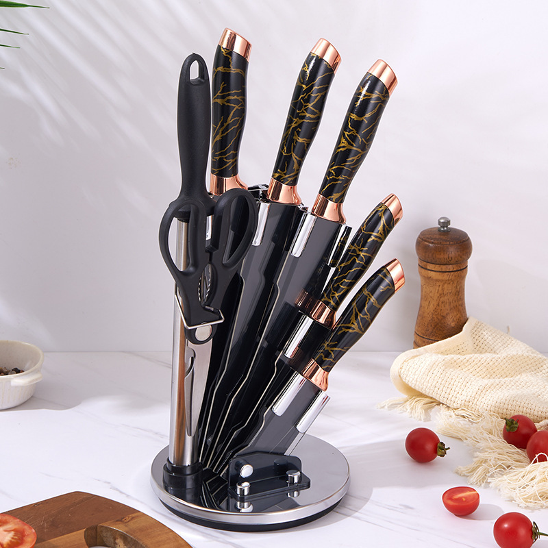 SET CUCHILLOS DE COCINA 8 PIEZAS CON BASE GIRATORIA MARMOLEADO - 1
