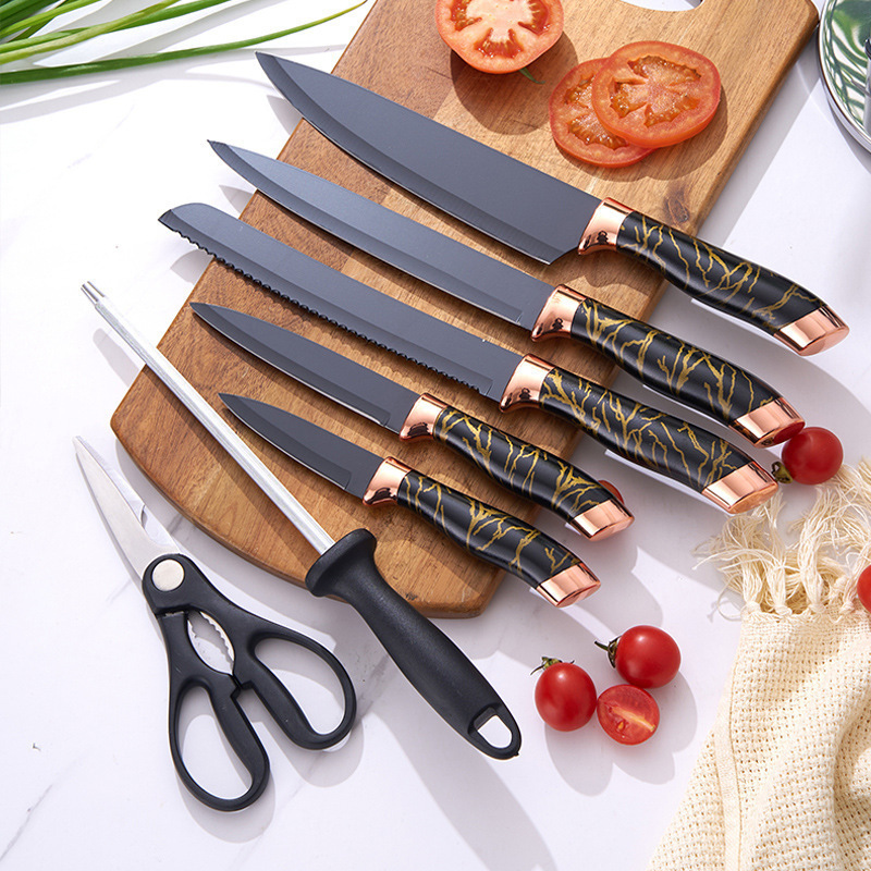 SET CUCHILLOS DE COCINA 8 PIEZAS CON BASE GIRATORIA MARMOLEADO - 2