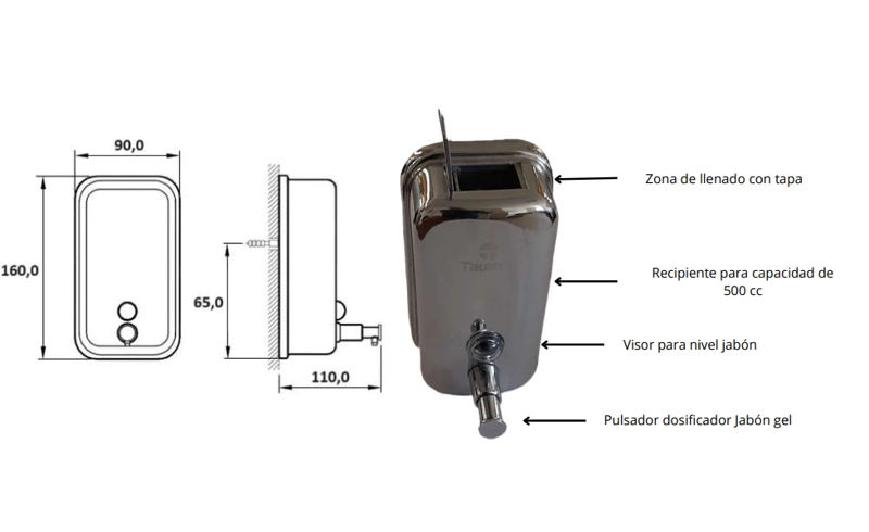 DISPENSA JABON AL MURO 500 ML. TAUMM - 4