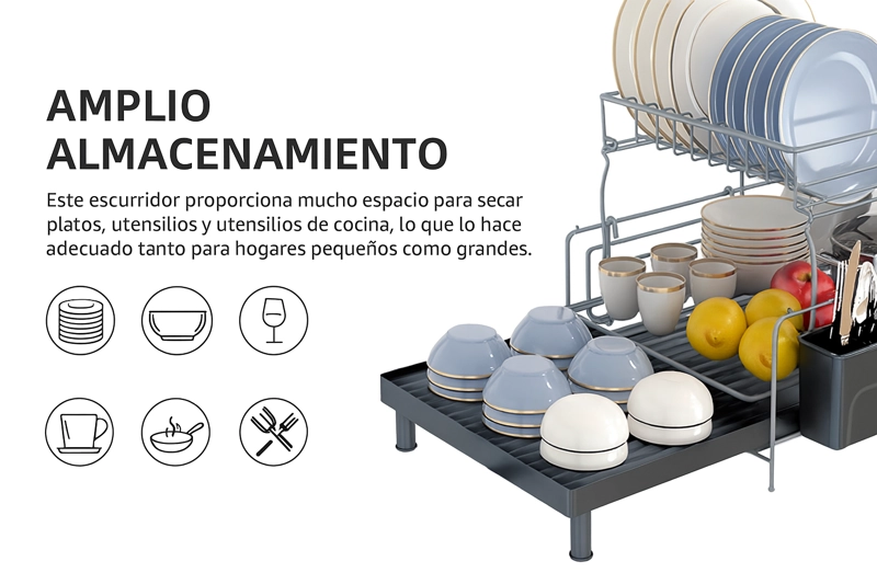 SECAPLATOS ESCURRIDOR 2 NIVELES DE ACERO AL CARBONO CON PORTA TABLA Y BANDEJA EXTENSIBLE - 7