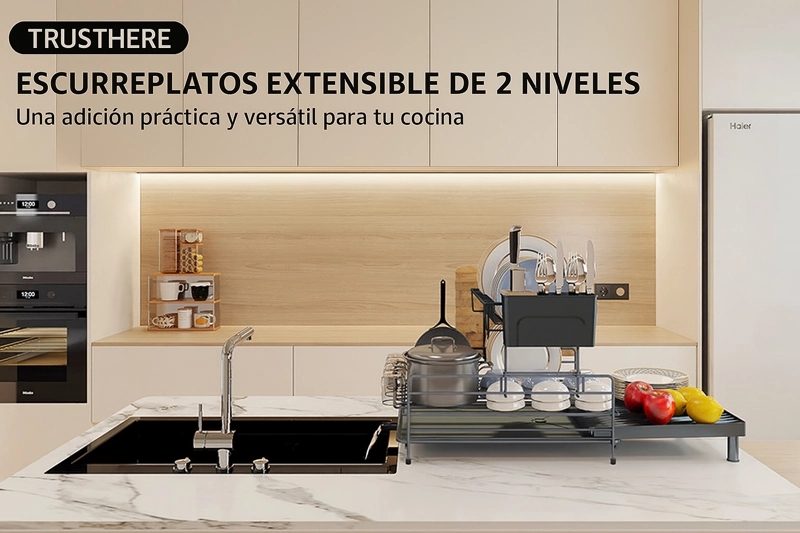 SECAPLATOS ESCURRIDOR 2 NIVELES DE ACERO AL CARBONO CON PORTA TABLA Y BANDEJA EXTENSIBLE - 8