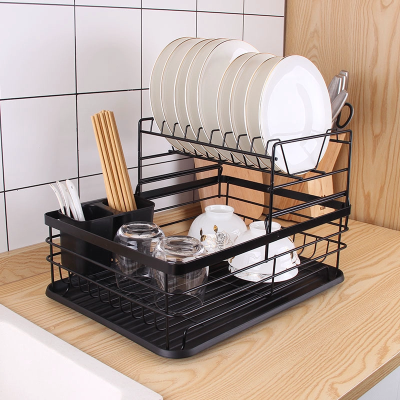 ELEGANTE SECAPLATOS DE ACERO AL CARBONO 2 NIVELES DOBLE BANDEJA Y PORTA SERVICIOS - 1