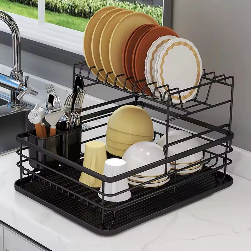 ELEGANTE SECAPLATOS DE ACERO AL CARBONO 2 NIVELES DOBLE BANDEJA Y PORTA SERVICIOS - 2