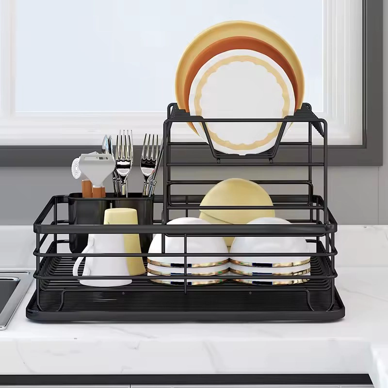 ELEGANTE SECAPLATOS DE ACERO AL CARBONO 2 NIVELES DOBLE BANDEJA Y PORTA SERVICIOS - 4