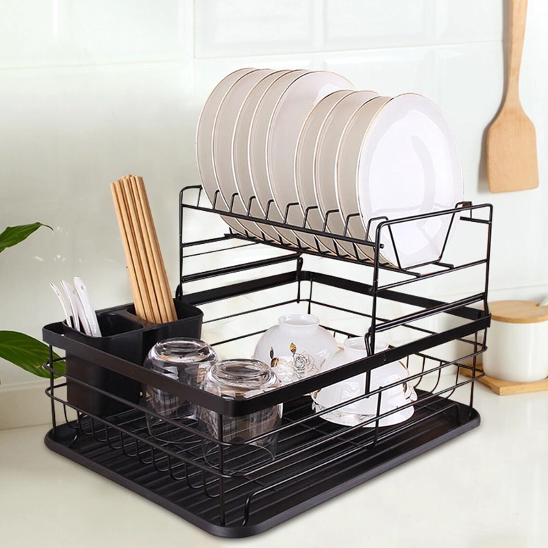 ELEGANTE SECAPLATOS DE ACERO AL CARBONO 2 NIVELES DOBLE BANDEJA Y PORTA SERVICIOS - 8