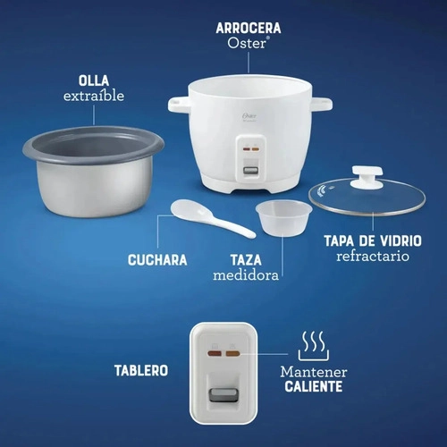 ARROCERA MULTIFUNCIONAL MARCA OSTER 7 TAZAS DE ARROZ DIAMONDFORCE ANTIADHERENTE COLOR BLANCA BLANCO - 3