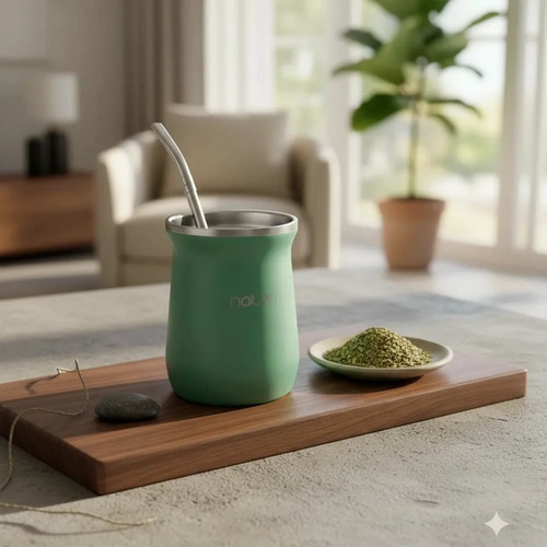 MATE ACERO INOXIDABLE CON BOMBILLA HALTEN 300ML VERDE - 1