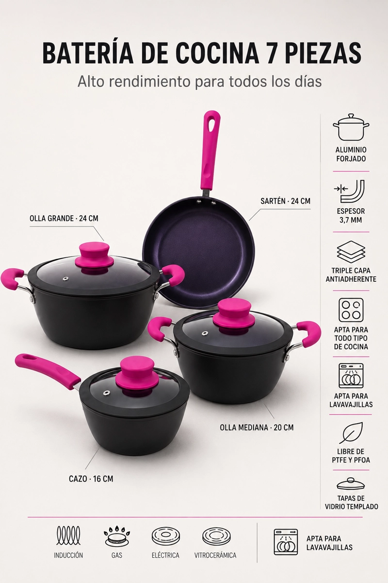 BATERIA DE COCINA 7 PIEZAS VITTA CHERRY ANTIADHERENTE PARA TODO TIPO DE COCINAS - 8