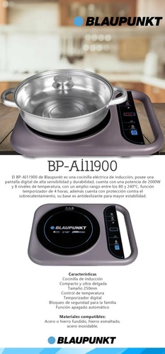 COCINILLA ELE CTRICA DE INDUCCION 1 HORNILLA TACTIL BLAUPUNKT BP-AI11900 GRIS - 7