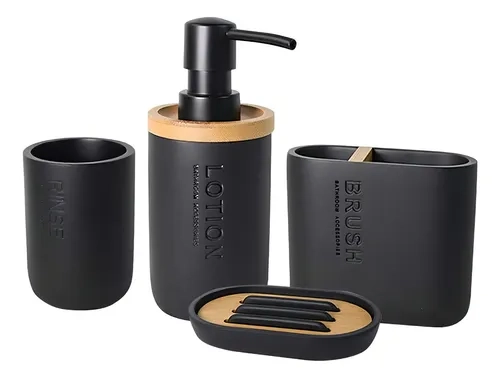 KIT ACCESORIO BAÑO CE RAMICA BAMBU STRETTO 4 PIEZAS NEGRO - 2