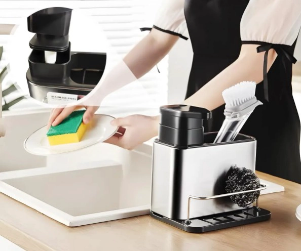 DISPENSADOR DE JABON ACABADO NEGRO PLATEADO PLASTICO ABS DISEÑO COMPACTO COCINA - 2