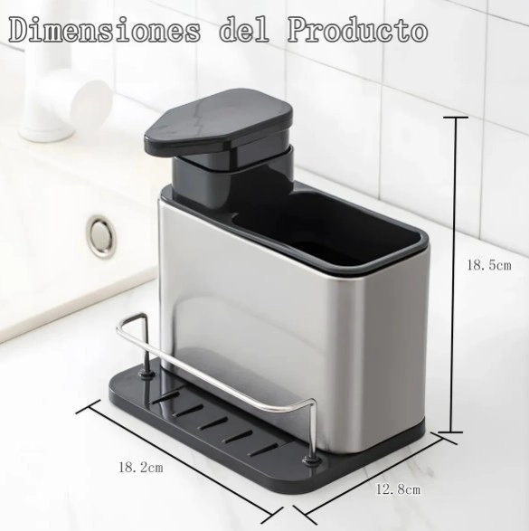 DISPENSADOR DE JABON ACABADO NEGRO PLATEADO PLASTICO ABS DISEÑO COMPACTO COCINA - 4