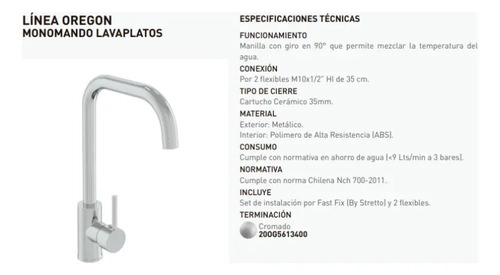 MONOMANDO LAVAPLATOS CAÑO RECTO OREGON CON AHORRO DE AGUA - 9