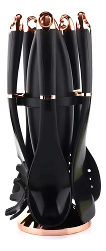 SET UTENSILIOS DE COCINA 6 PIEZAS SOPORTE GIRATORIO NEGRO SILICONA - 4