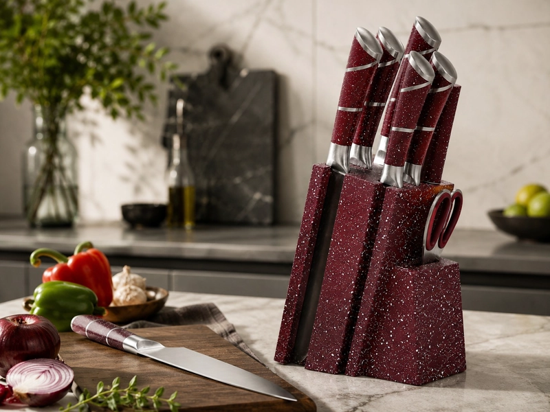 SET CUCHILLOS DE COCINA 8 PIEZAS CON BASE MARBLE DE LUX COLOR BURDEO - 1