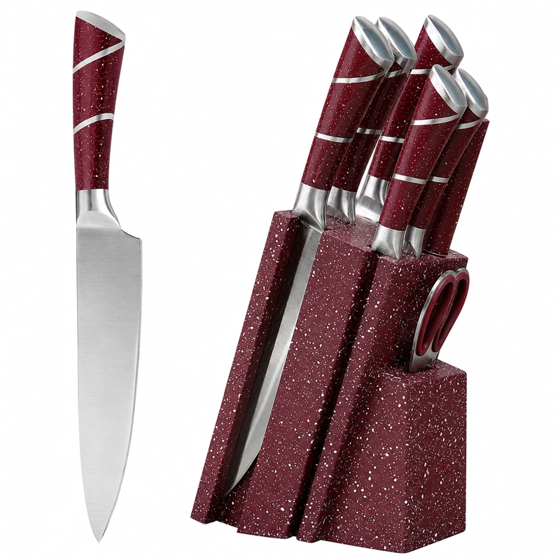 SET CUCHILLOS DE COCINA 8 PIEZAS CON BASE MARBLE DE LUX COLOR BURDEO - 2