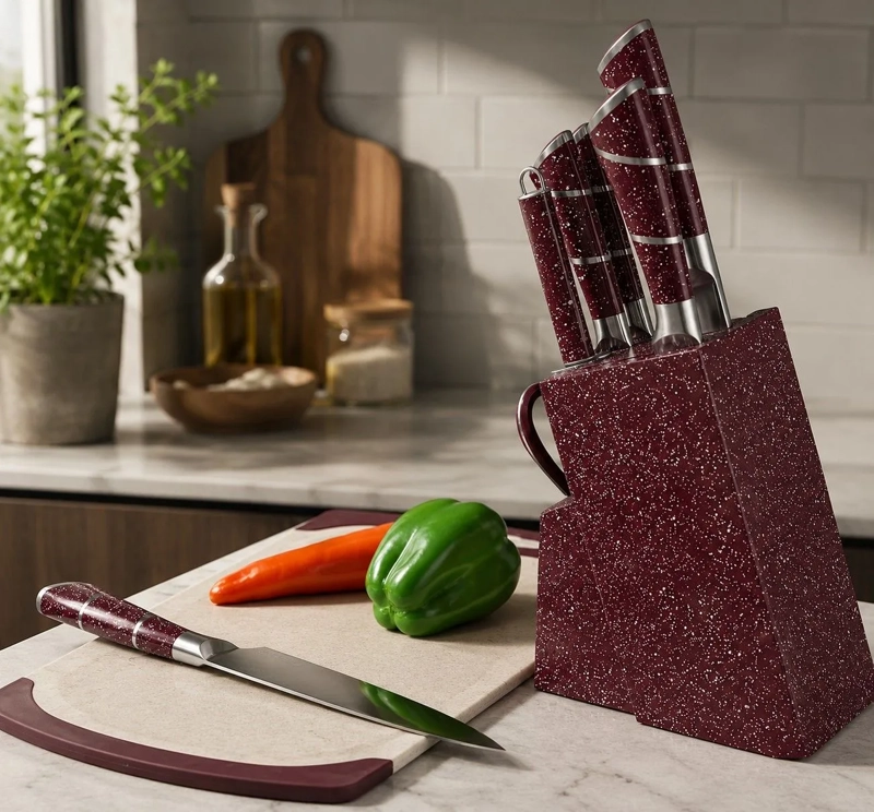 SET CUCHILLOS DE COCINA 8 PIEZAS CON BASE MARBLE DE LUX COLOR BURDEO - 3