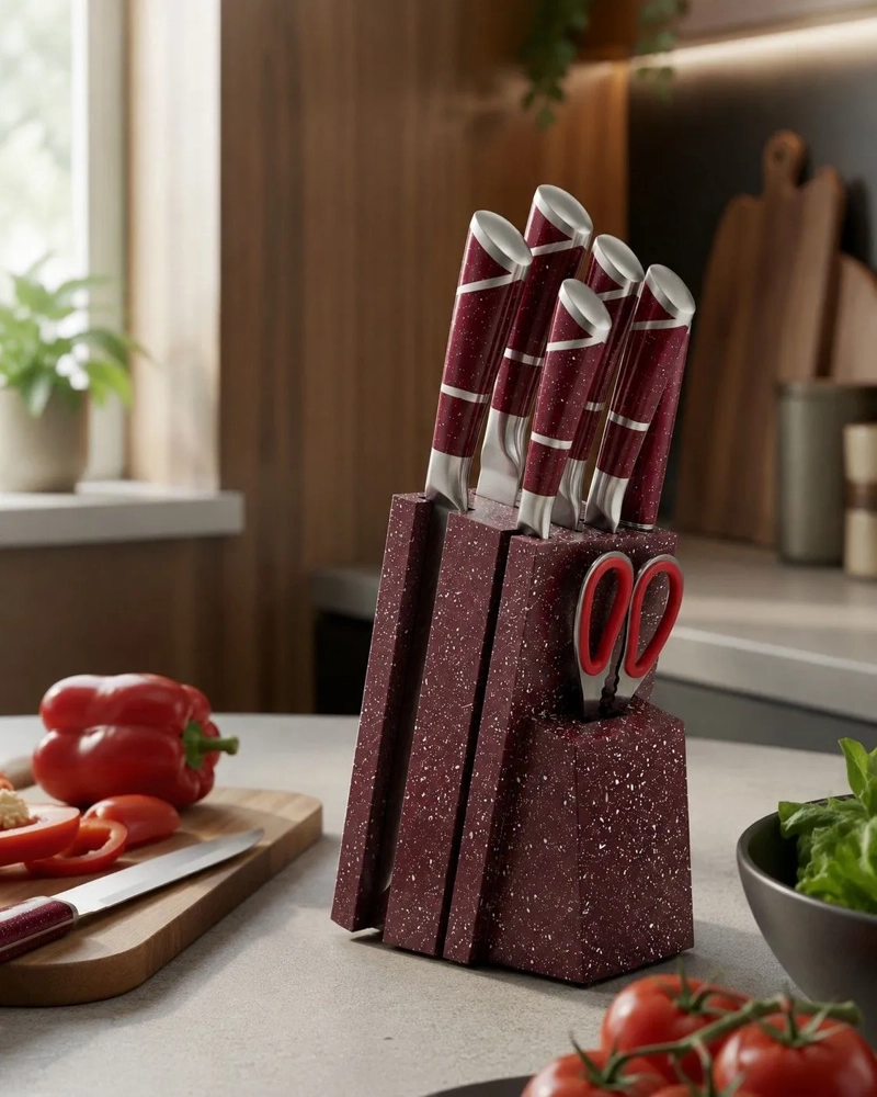 SET CUCHILLOS DE COCINA 8 PIEZAS CON BASE MARBLE DE LUX COLOR BURDEO - 4