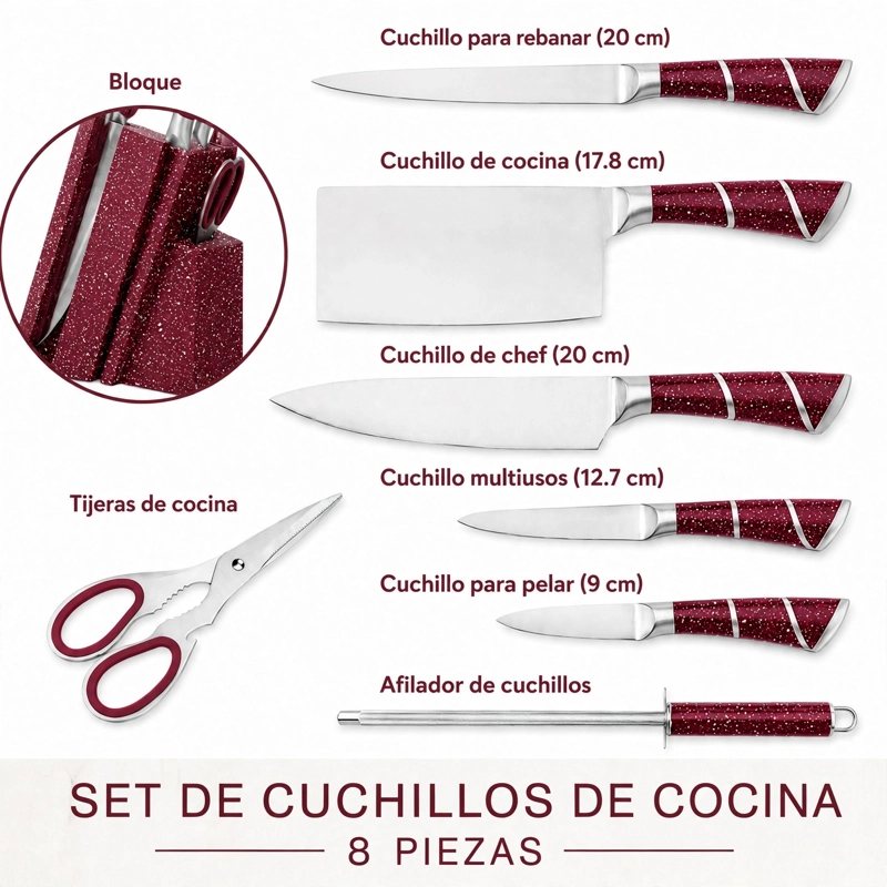 SET CUCHILLOS DE COCINA 8 PIEZAS CON BASE MARBLE DE LUX COLOR BURDEO - 6