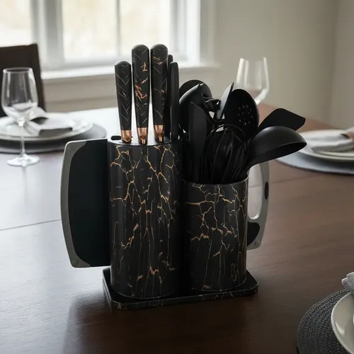SET DE UTENSILIOS DE COCINA MARMOLEADO NEGRO DORADO 25 PIEZAS - 2