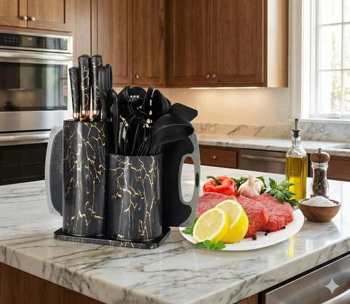 SET DE UTENSILIOS DE COCINA MARMOLEADO NEGRO DORADO 25 PIEZAS - 3
