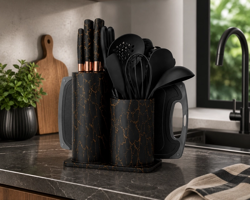 SET DE UTENSILIOS DE COCINA MARMOLEADO NEGRO DORADO 25 PIEZAS - 4