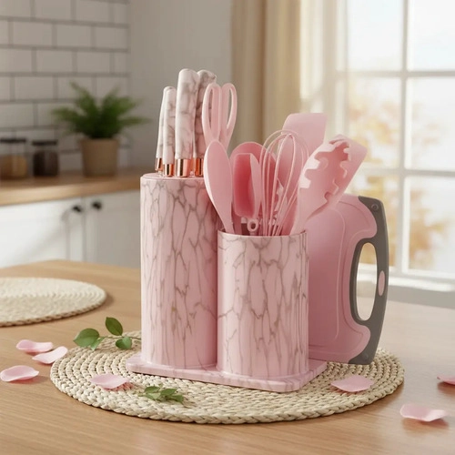 SET UTENSILIOS DE COCINA MARMOLEADO ROSA DORADO 25 PIEZAS - 1