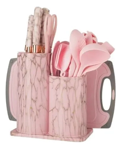 SET UTENSILIOS DE COCINA MARMOLEADO ROSA DORADO 25 PIEZAS - 2