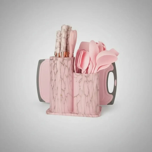 SET UTENSILIOS DE COCINA MARMOLEADO ROSA DORADO 25 PIEZAS - 3