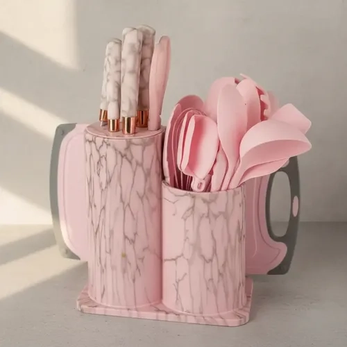 SET UTENSILIOS DE COCINA MARMOLEADO ROSA DORADO 25 PIEZAS - 4