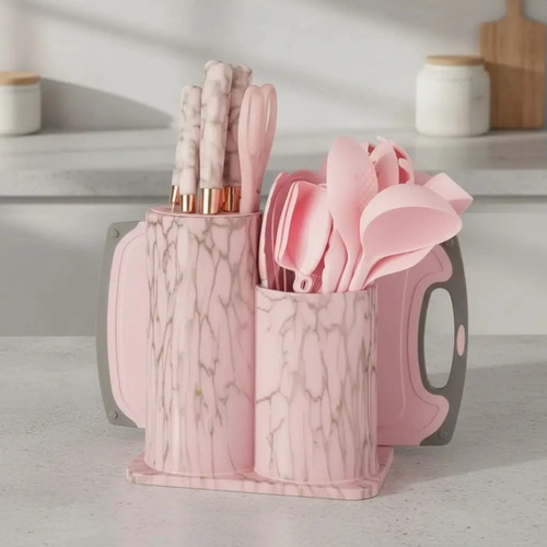 SET UTENSILIOS DE COCINA MARMOLEADO ROSA DORADO 25 PIEZAS - 5