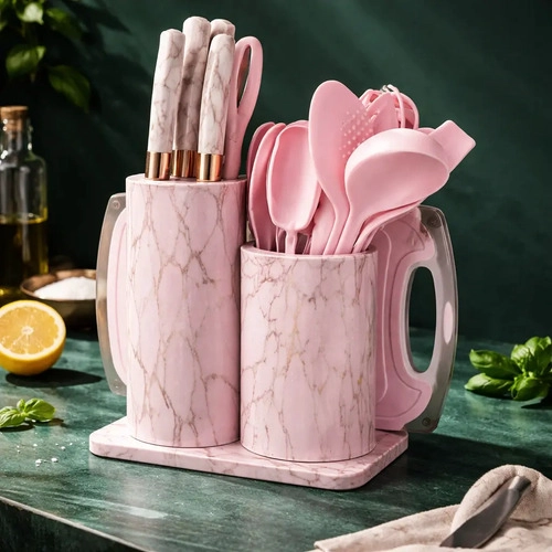 SET UTENSILIOS DE COCINA MARMOLEADO ROSA DORADO 25 PIEZAS - 6