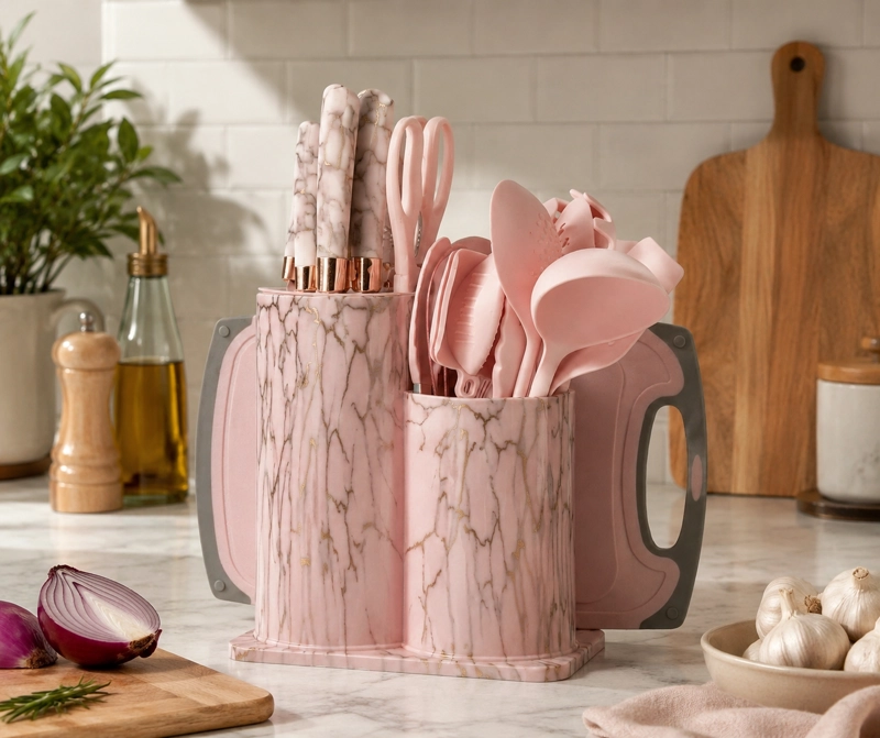 SET UTENSILIOS DE COCINA MARMOLEADO ROSA DORADO 25 PIEZAS - 7