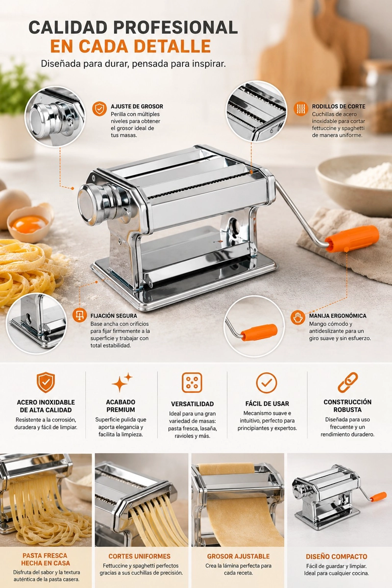 MAQUINA 3 EN 1 PARA AMASAR CORTAR PASTA TALLARINES SPAGHETT IACERO INOXIDABLE CON RODILLO AJUSTABLE - 3