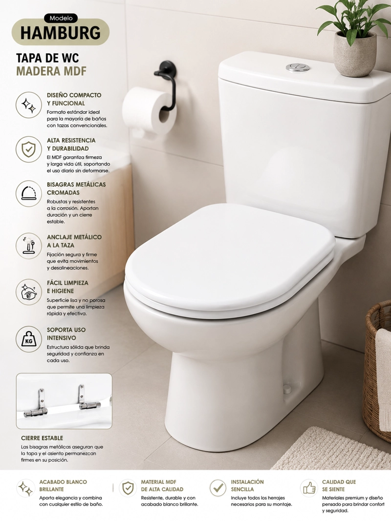 ASIENTO TAPA WC ELONGADO DE MADERA CON BISAGRAS METALICA Y CIERRE SUEVE MODELO HAMBURG MARCA TAUMM - 5
