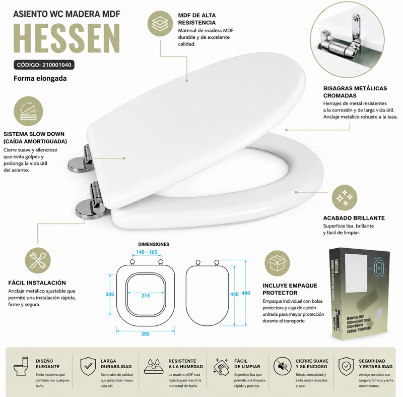 ASIENTO TAPA WC ELONGADO DE MADERA CON BISAGRAS METALICA Y CIERRE SUEVE MODELO HESSEN MARCA TAUMM - 1