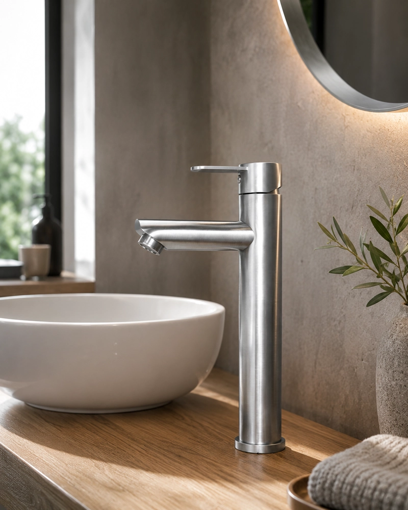MONOMANDO LLAVE GRIFO PARA LAVATORIO MODELO MODERN INOX ALTO MARCA TAUMM COLOR ACERO INOX - 5