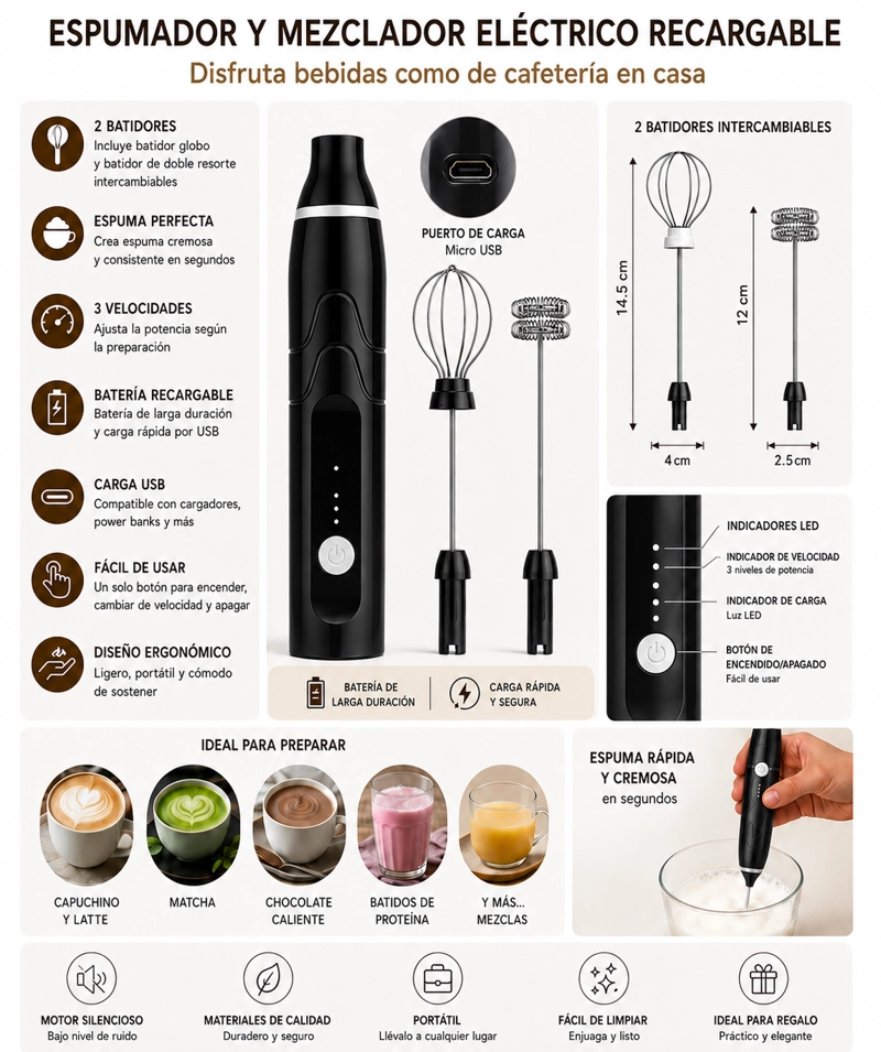 ESPUMADOR BATIDOR DE MANO RECARGABLE 3 VELOCIDADES CON DOBLE CABEZAL PARA CAFE , MATCHA Y PROTEINAS - 5