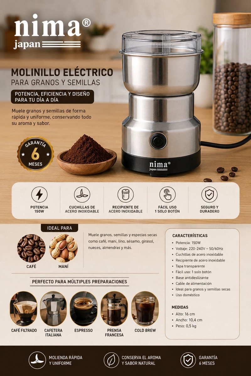 MOLINILLO MOLINO DE CAFE Y GRANOS 150W COLOR CROMO - 4