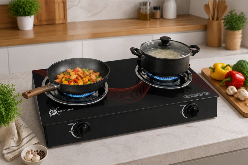 COCINA A GAS CON 2 PLATOS VIDRIO TEMPLADO MARCA NEW LINE NEGRO - 1