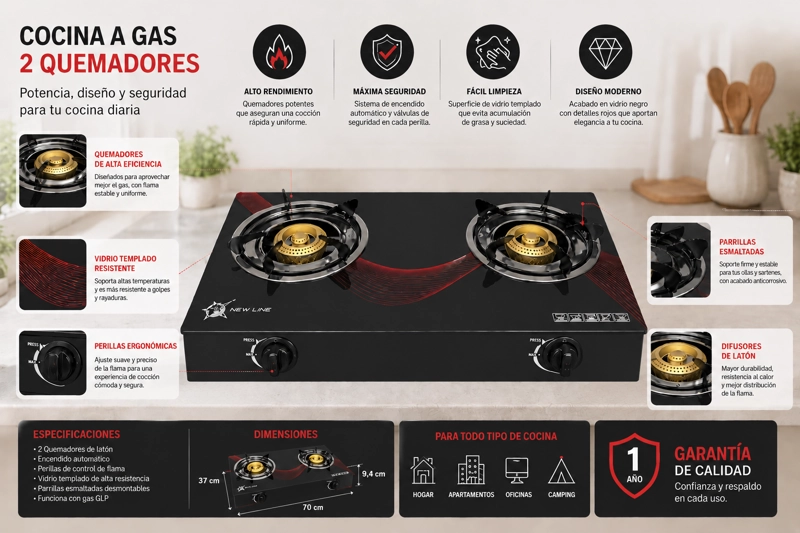 COCINA A GAS CON 2 PLATOS VIDRIO TEMPLADO MARCA NEW LINE NEGRO - 4