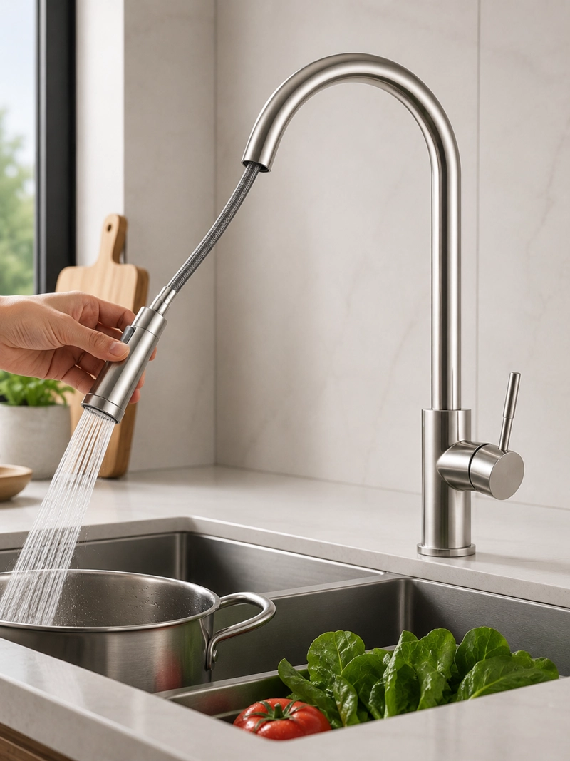 MONOMANDO LLAVE GRIFO EXTRAIBLE PARA LAVAPLATOS MODELO MODER INOX MARCA TAUMM COLOR ACERO INOX - 1